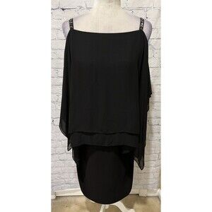 SLNY Women's Black Embellished Beaded Sleeve Tiered Capelet Shift Dress Size 14